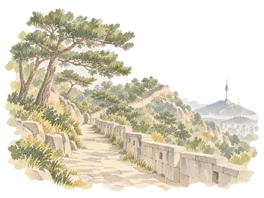 1396年 — 山を結ぶ城壁を題材にした淡い水彩のイメージ