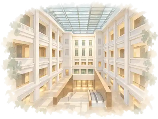 旧建物を活用したシンガポール国立美術館の吹き抜けを描いた水彩