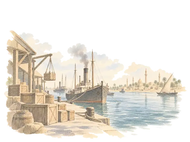 1869年 — スエズ運河が航路を変えるを題材にした淡い水彩の想像図