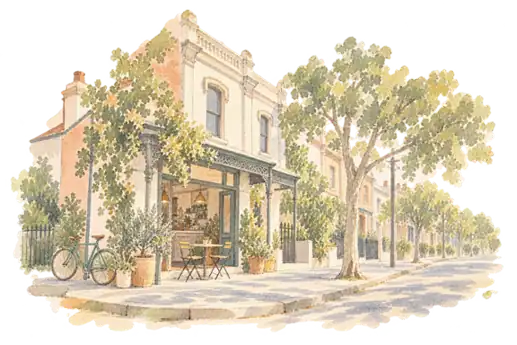 内側の住宅街をイメージした、カフェとテラスハウスの街角