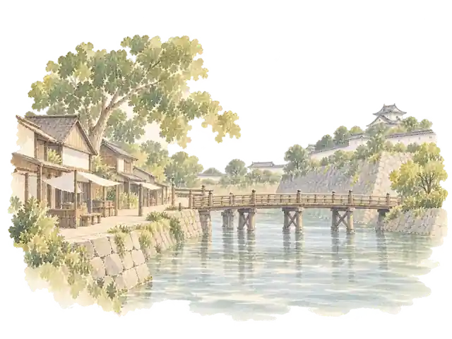 1603年 — 城下町から政治の中心へを題材にした淡い水彩の想像図