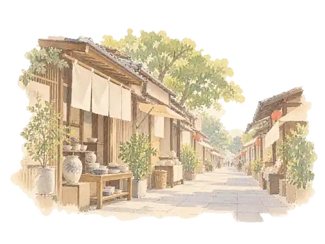 浅草 — 寺と商い、川辺の街を題材にした淡い水彩のイメージ