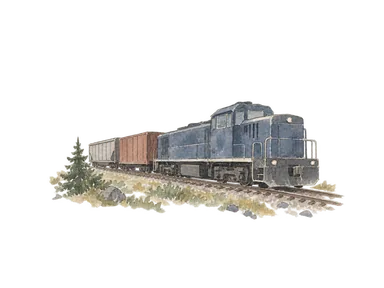 一般化したディーゼル機関車と貨車で鉄道輸送を表す概念画。特定の車両、路線の眺望や1923年当時の車両の再現ではありません