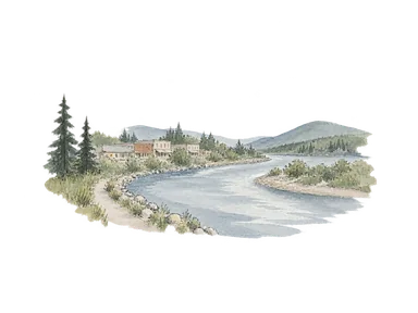 川と低い家並み、針葉樹で内陸の町を表す概念画。実際のチェナ川の河道、橋、地図や特定の眺望の再現ではありません