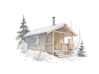 雪のある一般的な小屋とスキー板で冬の屋外活動を表す概念画。フェアバンクスの特定の家、伝統建築、地区や現在の積雪の再現ではありません