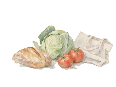 日々の食材の買物を表す、パン、野菜、布袋の概念画。