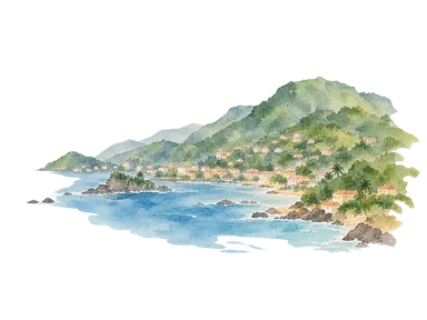海沿いの家並みと急な緑の斜面で表した半島都市の概念画。フリータウンの正確な地図や実在建築ではありません