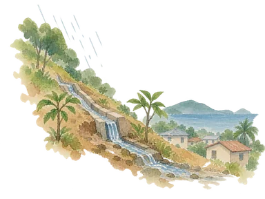 植生のある斜面から家並みへ続く排水路で雨水の流れを表した概念画。2017年災害の現場や被害状況の再現ではありません