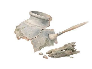 海事考古資料の保存を表す陶器片、刷毛、風化した木片の概念画。博物館の特定の収蔵品の再現ではない。