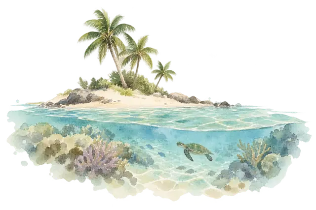 保護区の小島とアオウミガメを描いたイメージ