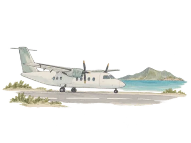 小型双発機と滑走路で島間の空路を表す概念画。ヴェレ飛行場の配置、機材や改修状態の忠実再現ではありません。