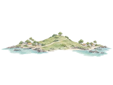 二つの集落と海岸の道で島の暮らしを表す概念画。アロとシガヴェの地図や王宮の再現ではありません。