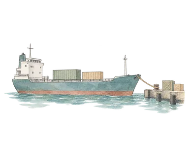 貨物船と荷物で島の輸送を表す概念画。レアヴァ港の実配置や改修完成状態を示しません。