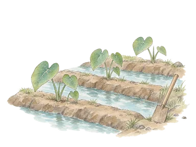 タロの葉と水路で灌漑畑を表す概念画。ヌクの実際の区画配置の再現ではありません。