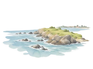 低い岩の岬と海でゴールの地理を表す概念画。正確な地図、城壁配置や特定の眺望の再現ではありません