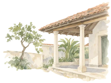 深い軒、細い柱と中庭を持つ一般住宅の概念画。ゴール旧市街の特定住宅、室内や植民地期の建物の復元ではありません