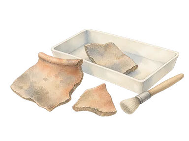 陶片と刷毛、保存用の皿を描いた考古資料の概念画