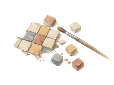 色石の小片と刷毛を描いたモザイク保存の概念画