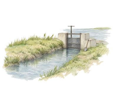 運河と小さな水門で排水の仕組みを表した概念画。特定のコーカーや設計図ではありません