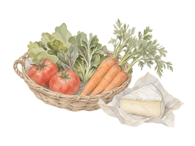 市場の生鮮食品を表す、野菜かごと包んだチーズの概念画。