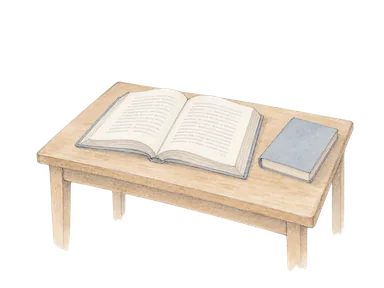 大学での学びを示す本と読書机の概念画。ULKの校舎・実際の図書館・学生の姿を再現しない。