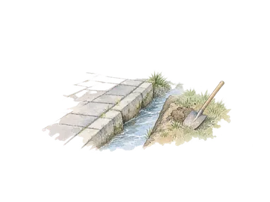 舗装材、浅い排水溝と小さなスコップを描く道路整備の概念画。特定地区の現在の完成状態や排水設計を再現しない。