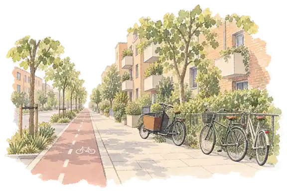 自転車道と街路をイメージしたコペンハーゲンの風景