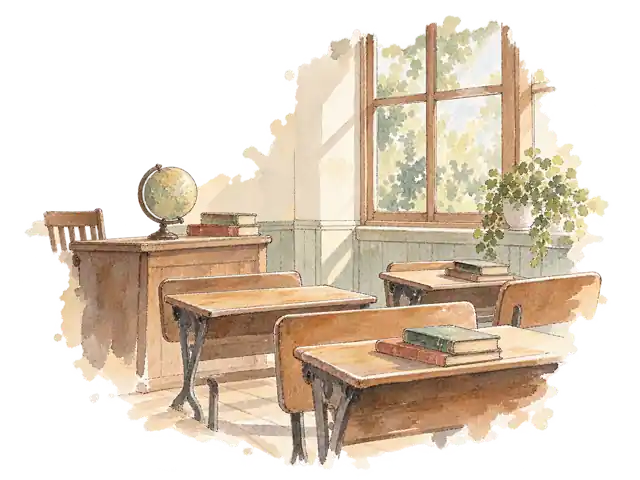 旧学校を使う博物館の学びをイメージした、古い机と教材の想像図