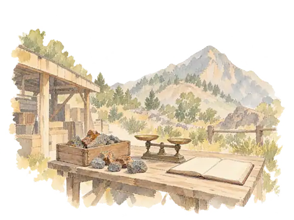 鉱山と商業の仕事をイメージした、鉱石と秤、帳簿の想像図