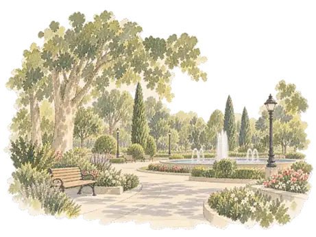 ルダキ公園の園路、噴水、木々をイメージした風景
