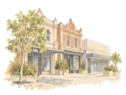 古い店と新しい店舗が並ぶ、中心部の広い通りをイメージした風景