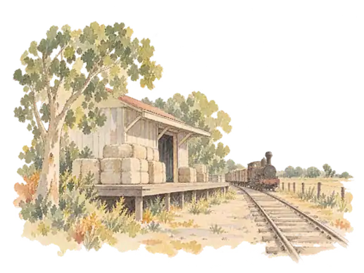 1867年前後の鉄道を想像した、駅の荷台と蒸気機関車