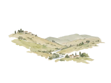 高地の丘と谷に離れて分布する地区の概念画。正確な地図、史跡配置、ゴルゴラの市内景観を描かない。