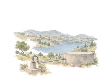 高地の貯水池と浄水・井戸を示す概念画。アンゲレブ施設の正確な外観や現在の稼働量を表さない。