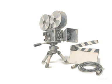 映画制作を表す、カメラ、無地のカチンコ、ケーブルの概念画。