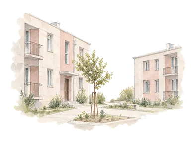 住宅と道、若木で地震後の住まいの再建を表す概念画。実際のムシュ2住宅や工事計画、被災状況の再現ではありません