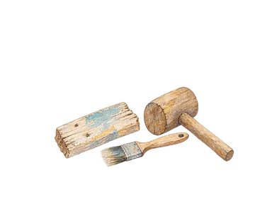 木造建築の保存を表す、古い木片と刷毛、簡素な木槌の概念画。