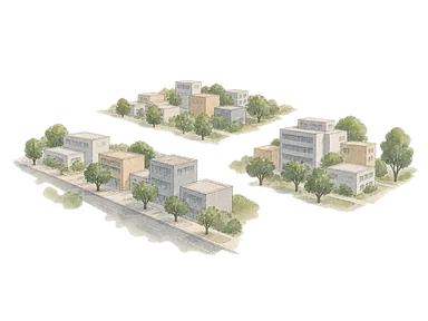中心街・低層住宅・市場の区画を離して並べる地区の概念画。実際のハラレの地図・建築や行政境界を再現しない。