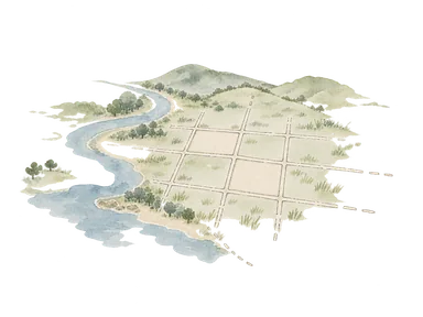 格子状の街路と草地、水面、丘を組み合わせた都市形成史の概念画。ハラレの実際の河川・地形図や1890年の集落・人物・旗・軍装を復元しない。