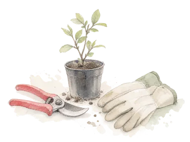 植物の手入れを表す、剪定ばさみと手袋、小さな無名の苗鉢の概念画。