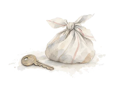 町の暮らしの歴史を表す、古い鍵と簡素な荷物包みの概念画。
