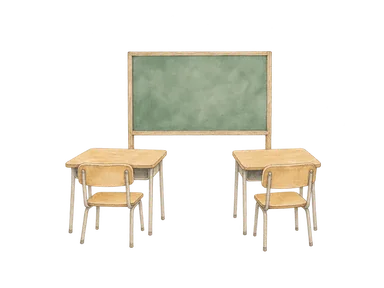小さな空の学習机二つと黒板を描く教育施設の概念画。実際の学校や議会事務局、増築計画の完成図を表さず、文字も描かない。