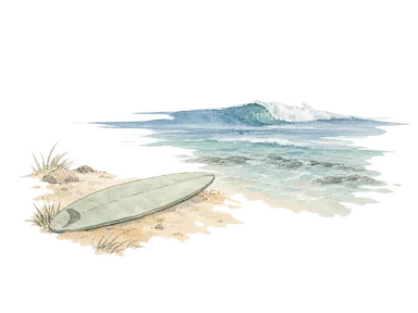 浅い礁と外海の小さな波、岸に置かれた無地サーフボードの概念画。特定サーフポイントの地形、波高、遊泳・航行安全を示す図ではない。
