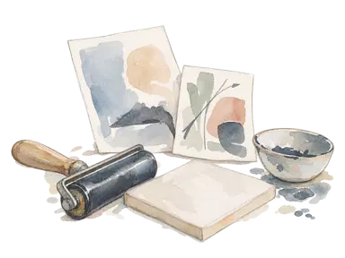 画材、版画のローラー、陶器で制作活動を表した概念画。実在の作品や制作室の複製ではありません