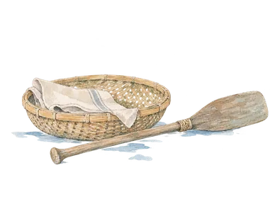 川の交易を表す、無地の荷籠と簡素な木の櫂の概念画。