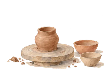 陶芸の仕事を表す、簡素な手ろくろと無釉の器の概念画。