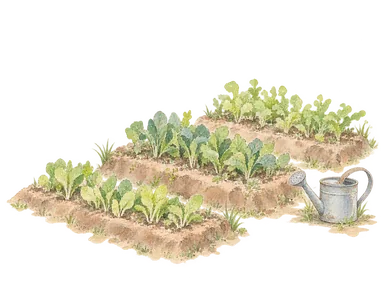 野菜づくりを表す、小さな畝と葉物、じょうろの概念画。