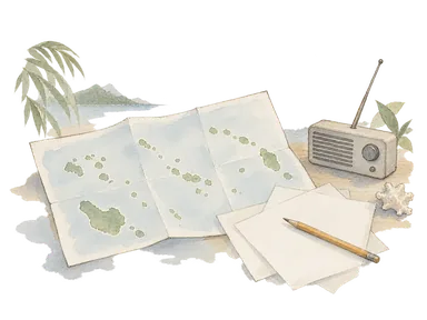 書類、地図と小さな無線機で島々を結ぶ行政や連絡の仕事を表したイメージ。公的施設や歴史的場面の再現ではありません