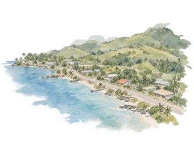 海岸の細い平地、低い街並みと背後の丘を表した地形の概念画。正確な鳥瞰図ではありません