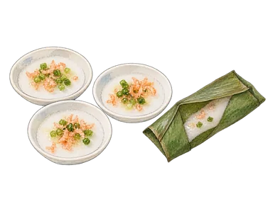 米粉の小皿料理とバナナ葉包みを描いた概念画